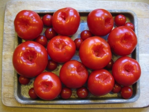 Raw, de-stemmed tomatoes on toaster-oven pan